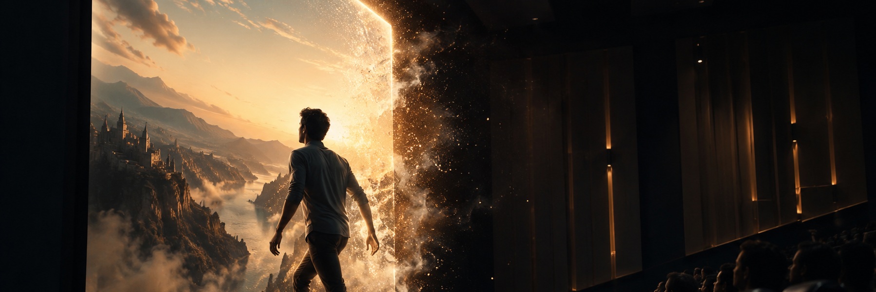 A person stepping through a cinematic portal into a new story